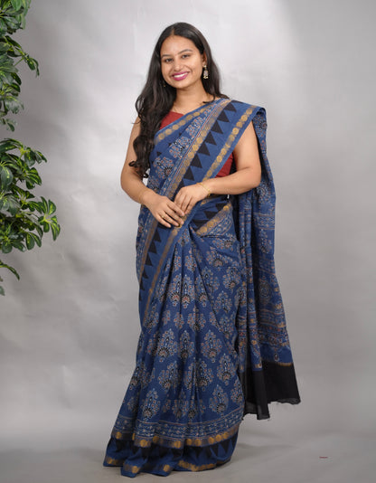 Indigo Ajrakh Hand Block Printed Sungudi Cotton Saree | Looms & Tassels