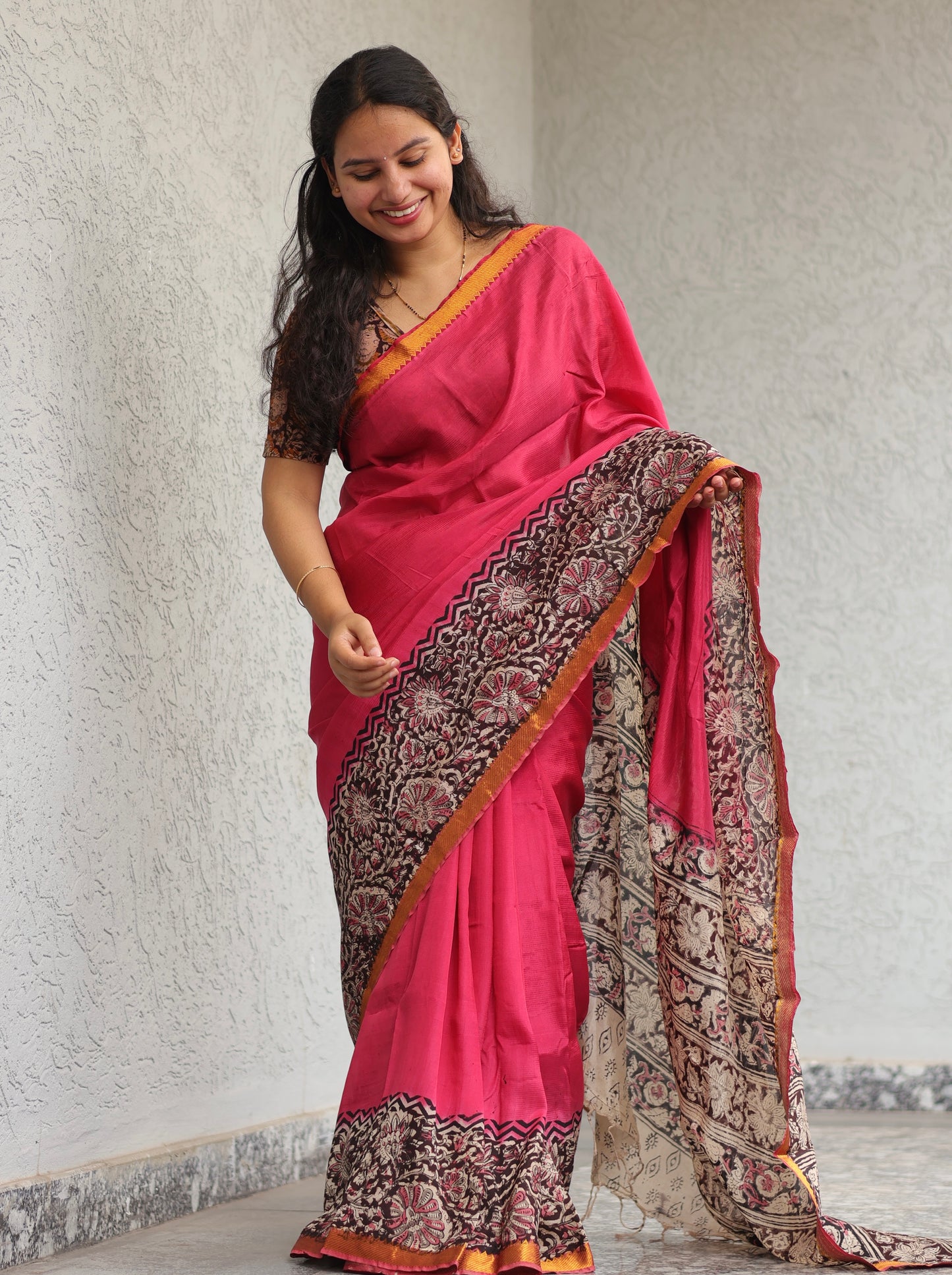 Pink Kalamkari dyeing premium chennur silk with hand block print saree