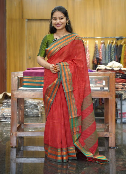 Red Checks Narayanpet Cotton Saree with Traditional contrast Border | Looms & Tassels