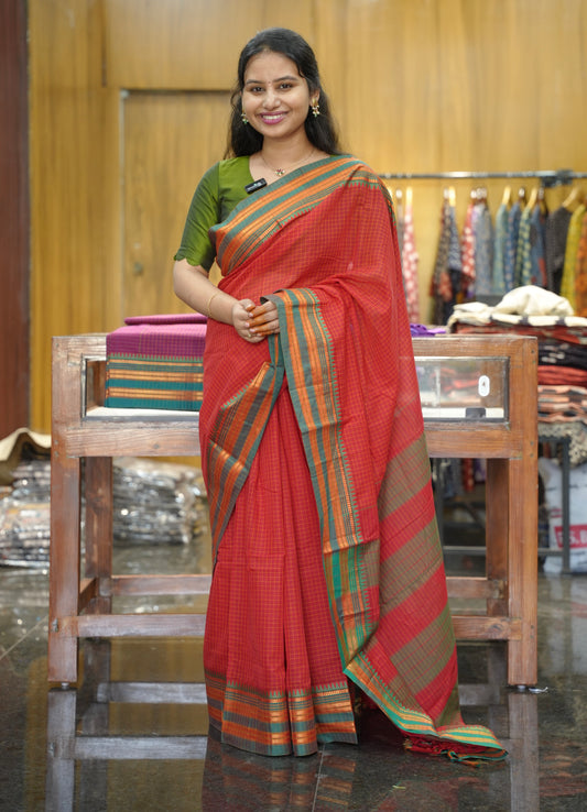 Red Checks Narayanpet Cotton Saree with Traditional contrast Border | Looms & Tassels