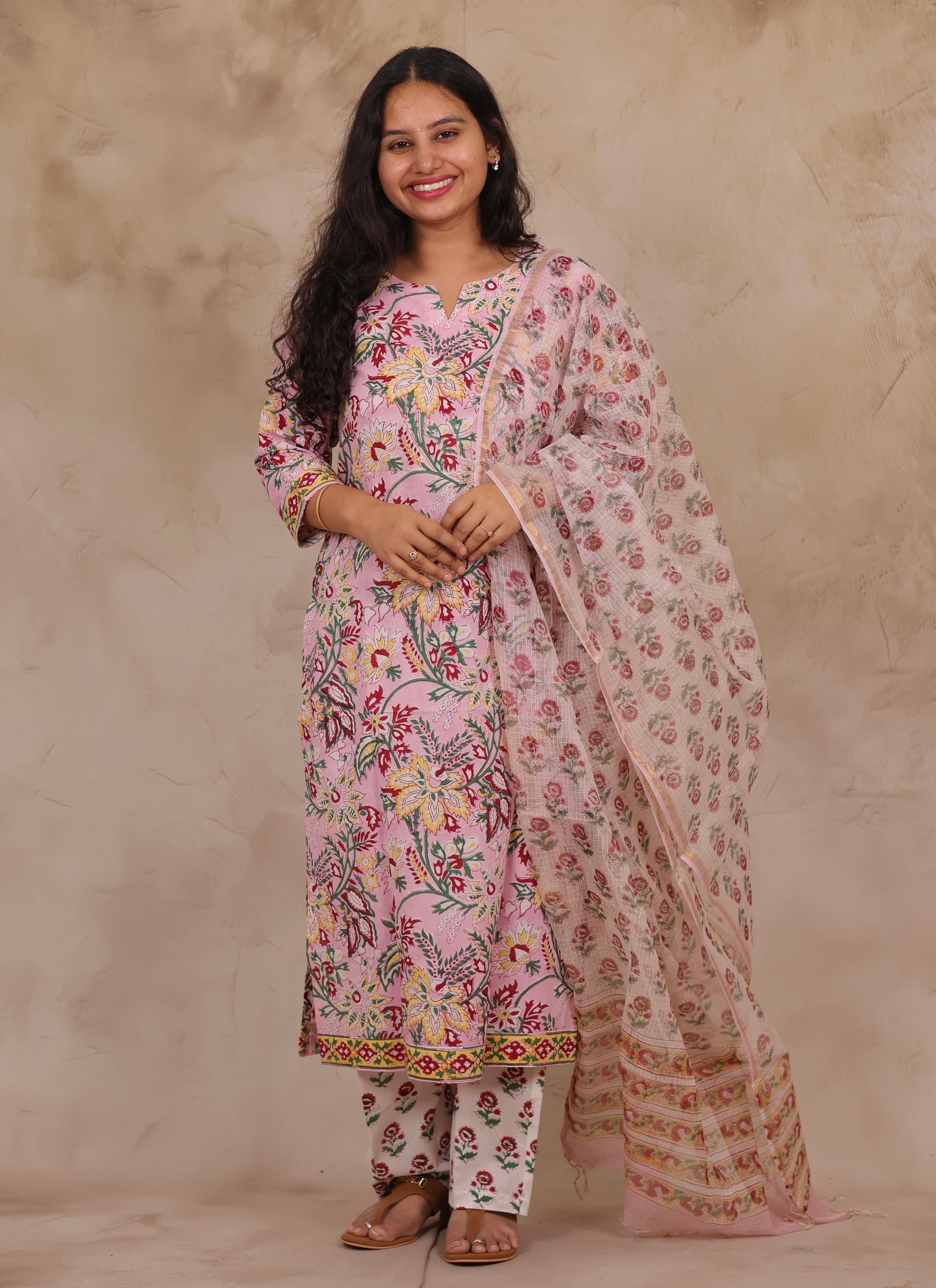 Pastel Pink Handblock printed Pure Mul Cotton with Kota Doria Duppata 3 piece suit (stitched)
