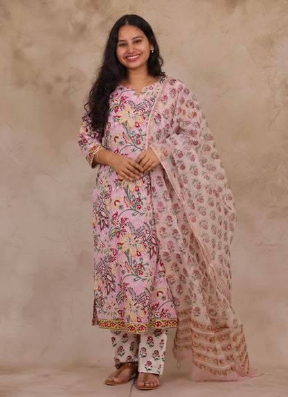 Pastel Pink Handblock printed Pure Mul Cotton with Kota Doria Duppata 3 piece suit (stitched)