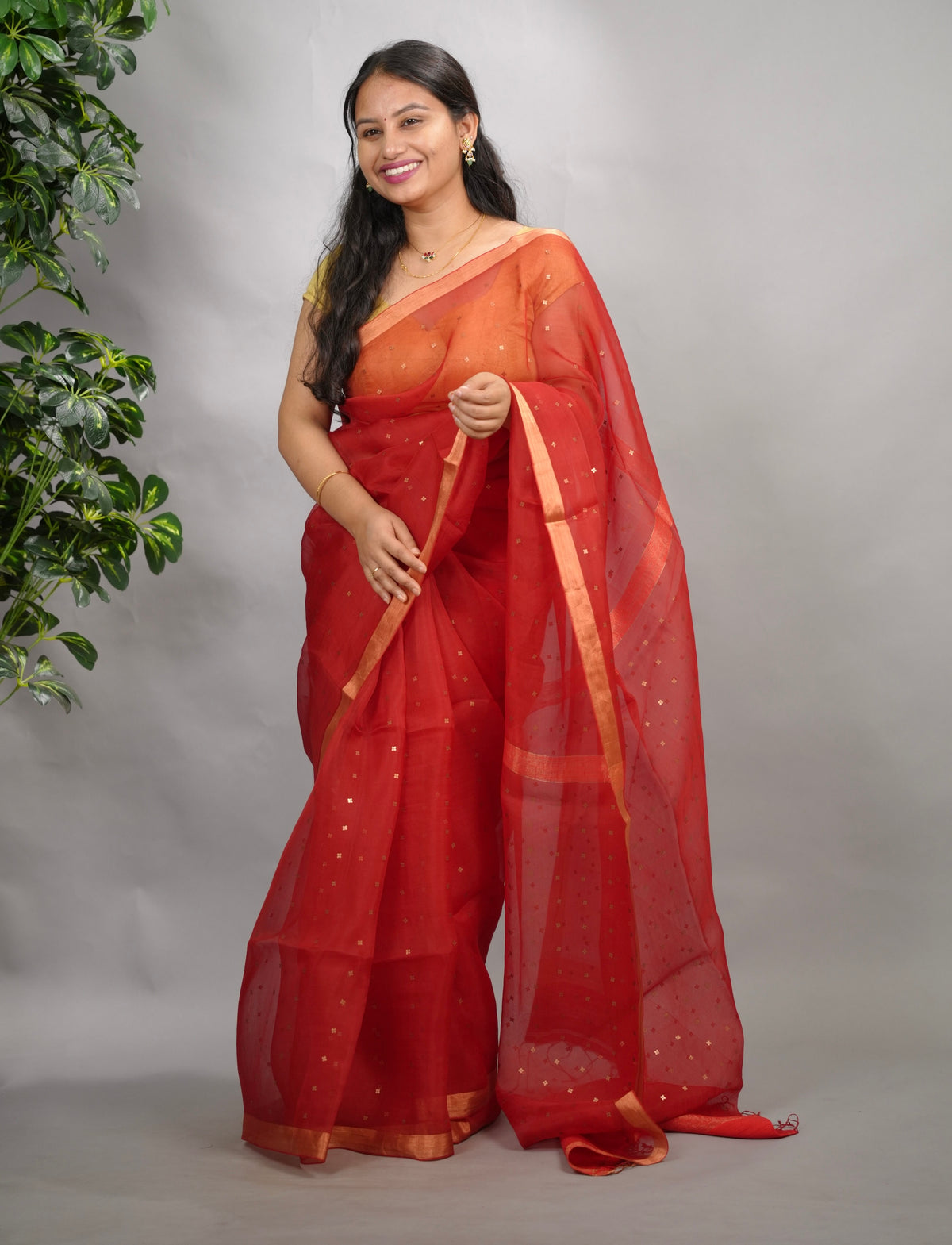 Red Handwoven Muslin Silk Saree With Sequence Work | Looms & Tassels