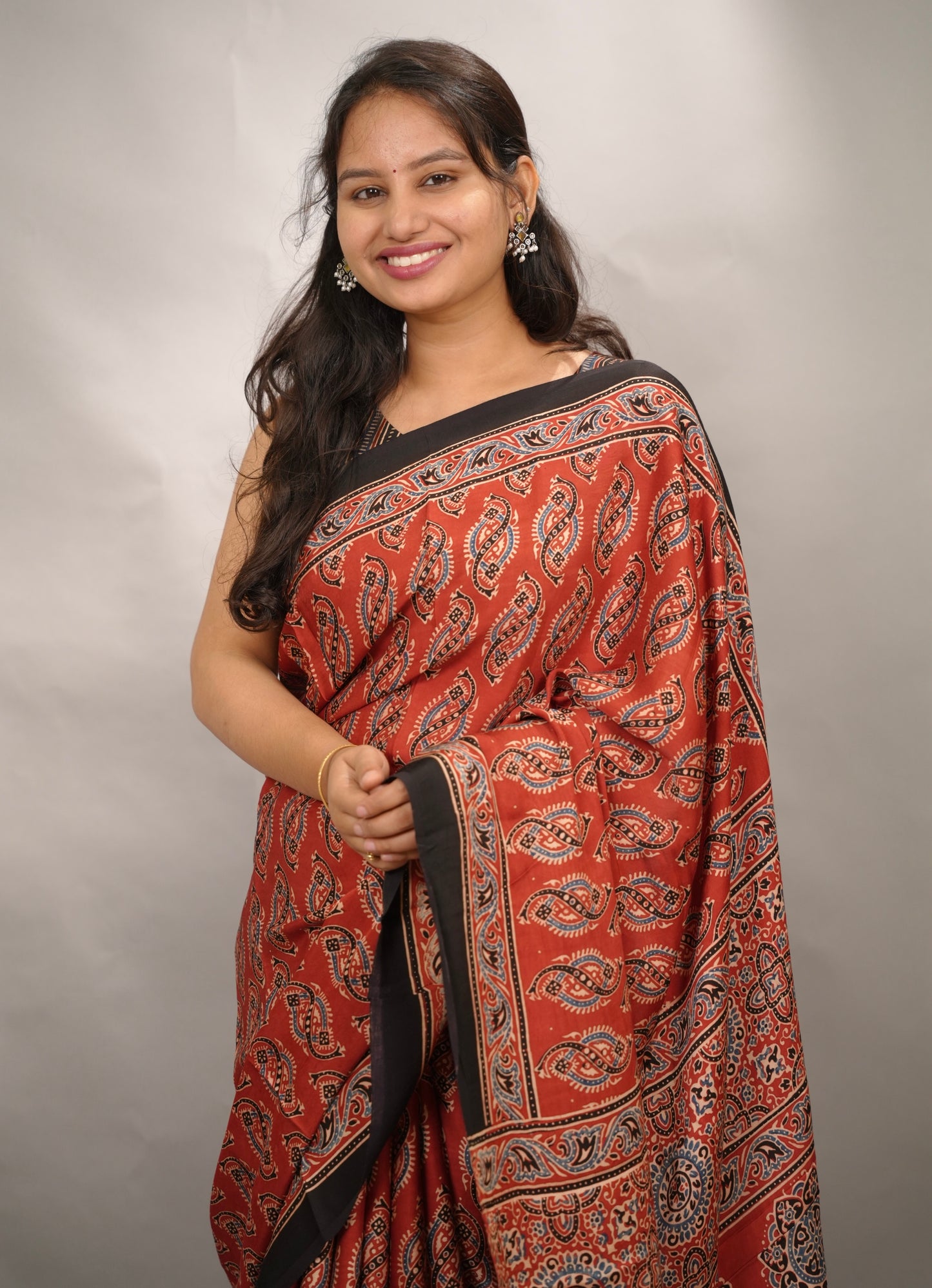 Maroon Authentic Ajrakh Handblock Printed Modal Silk Saree | Looms & Tassels