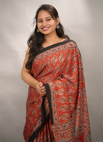 Maroon Authentic Ajrakh Handblock Printed Modal Silk Saree | Looms & Tassels