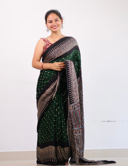 Green Ajrakh Bandhej Modal Silk Saree