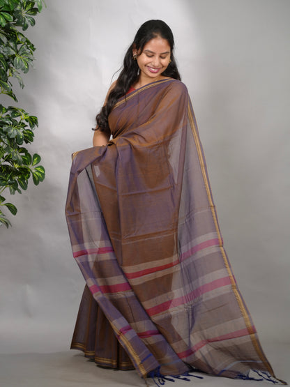 Brown Dual Shade Narayanpet Cotton Saree | Looms & Tassels