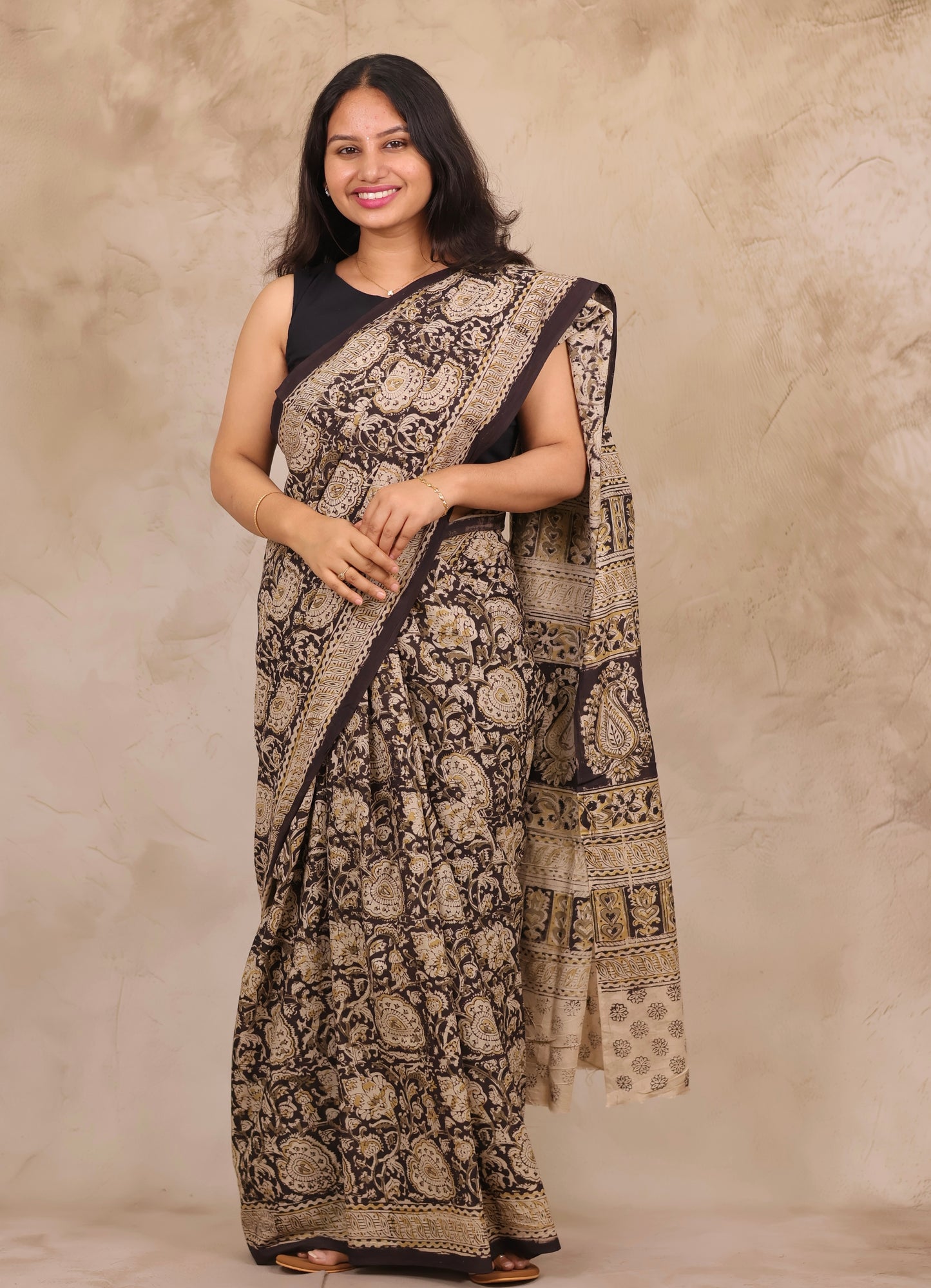Black Hand Block Printed Kalamkari Cotton Saree | Looms & Tassels