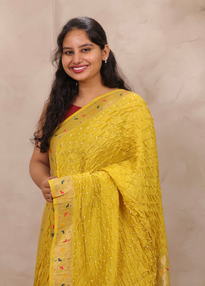 Pastel Yellow Handcrafted Bandhani Paithani Dola Silk Saree | Looms & Tassels