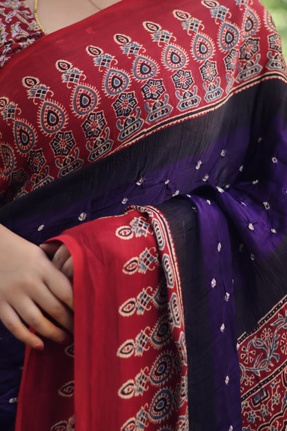 Purple Ajrakh Bandhej Modal Silk Saree