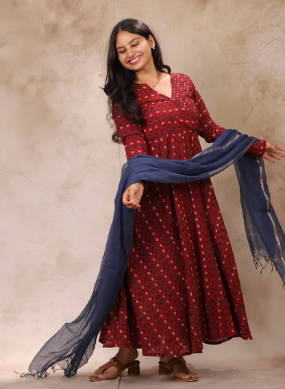 Maroon Pure Cotton Ajrakh Hand Block Printed Angarkha Kurta with Kota Dupatta | Looms & Tassels