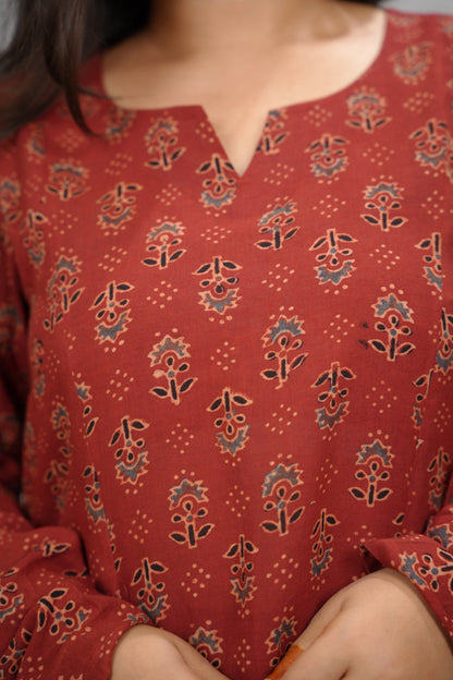 Rust Maroon Ajrakh Handblock Printed Kali Kurta with Chudi Sleeves