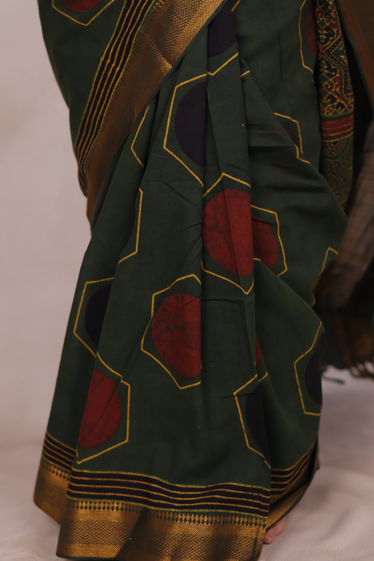 Green Ajrakh Hand Block Printed Mangalagiri Cotton Saree | Looms & Tassels