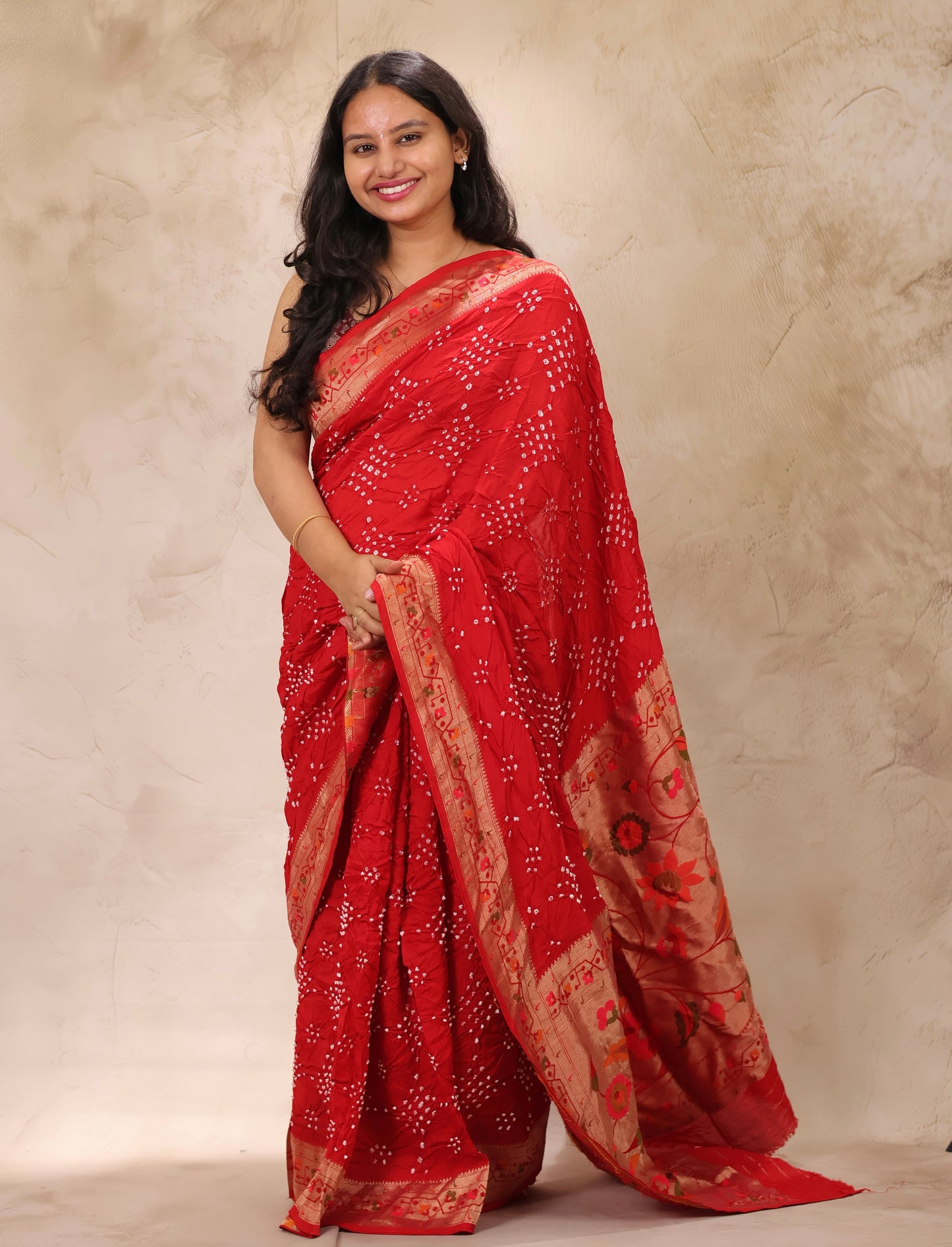 Red Handcrafted Pattern Bandhani Paithani Dola Silk Saree | Looms & Tassels