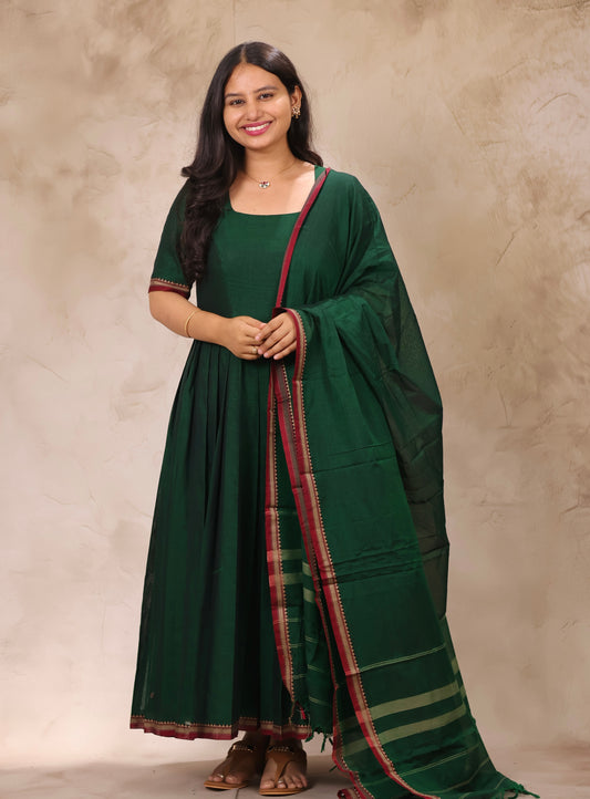 Green Narayanpet Cotton Anarkali Dress with Narayanpet Dupatta | Looms & Tassels