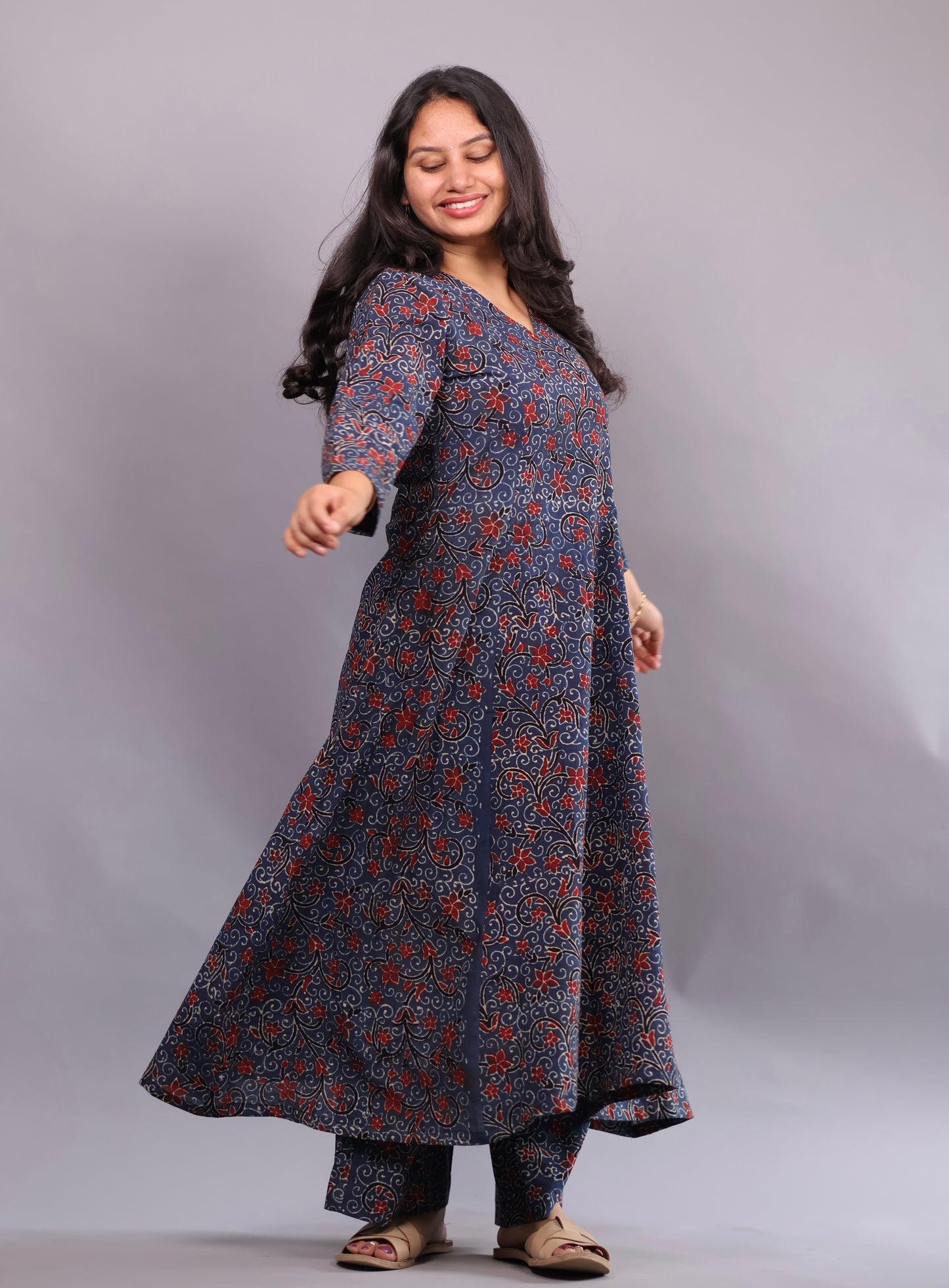 Indigo Ajrakh Handblock Printed Kali Kurti Co-ord Set (Pure Cotton ) | Looms & Tassels