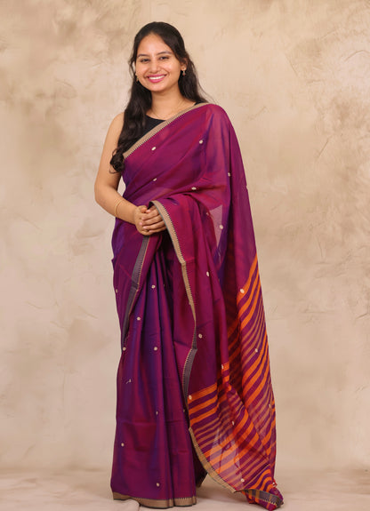 Purple Narayanpet Cotton Saree With Butta Weaving | Looms & Tassels