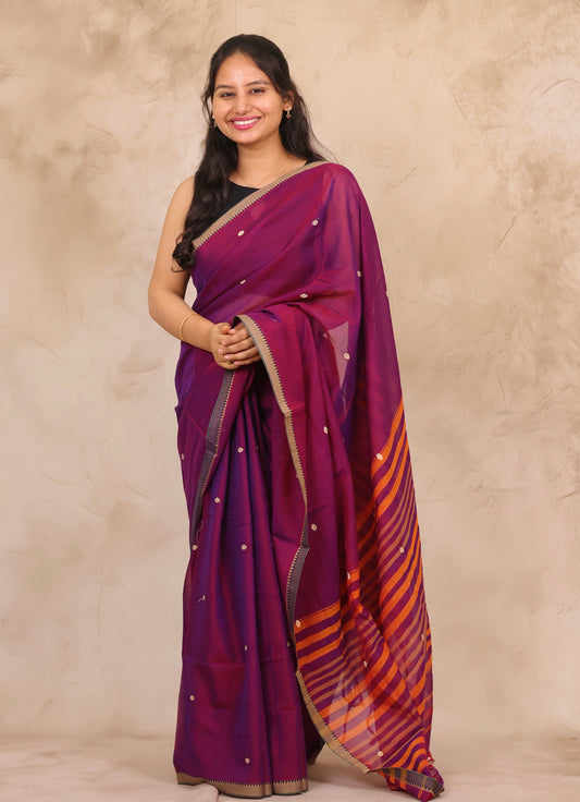 Purple Narayanpet Cotton Saree With Butta Weaving | Looms & Tassels