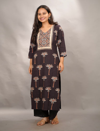 Black Ajrakh Pattern Hand Block printed Kurti | Looms & Tassels