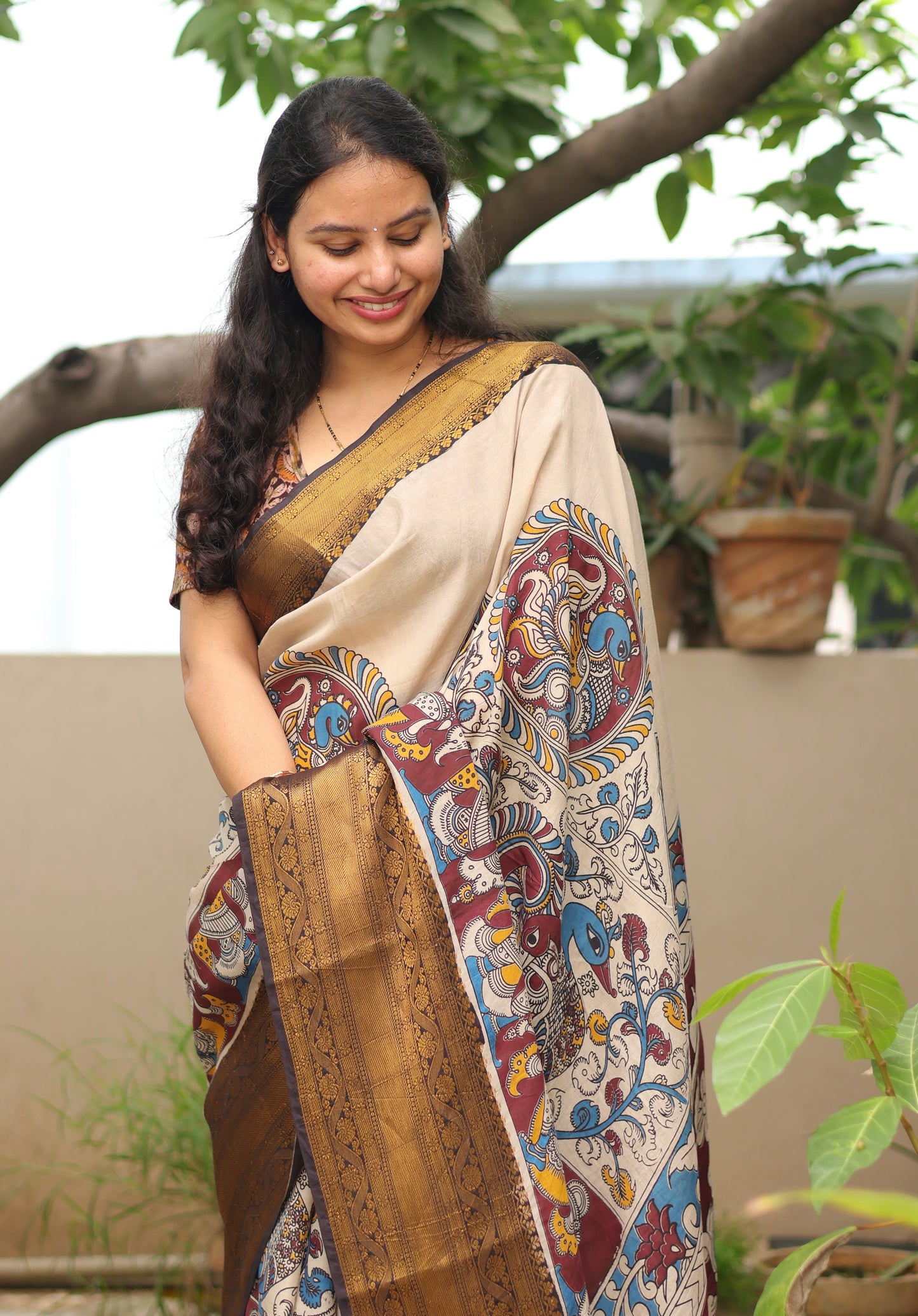 Cream & Brown Kanchi border Kalamkari chennur silk saree