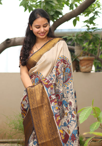 Cream & Brown Kanchi border Kalamkari chennur silk saree