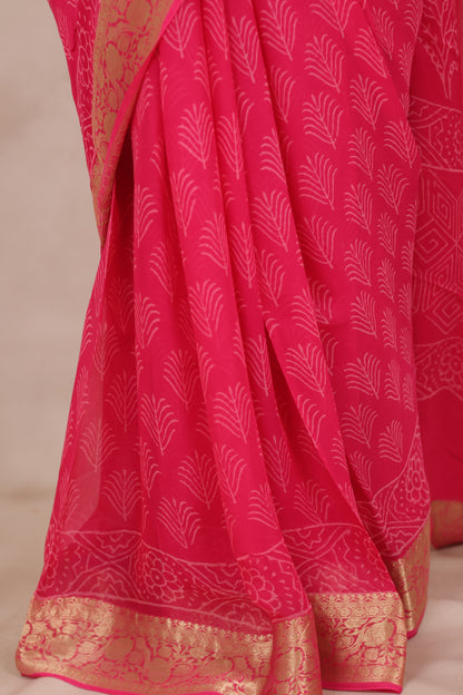 Pink Chiffon Hand Block Printed Saree with Jari Border | Looms & Tassels