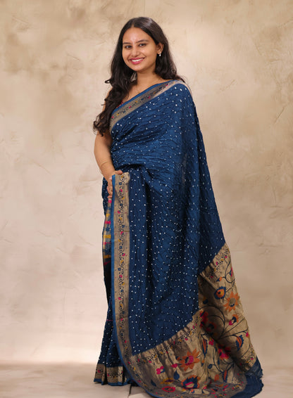 Cyan Blue Handcrafted Bandhani Paithani Dola Silk Saree | Looms & Tassels