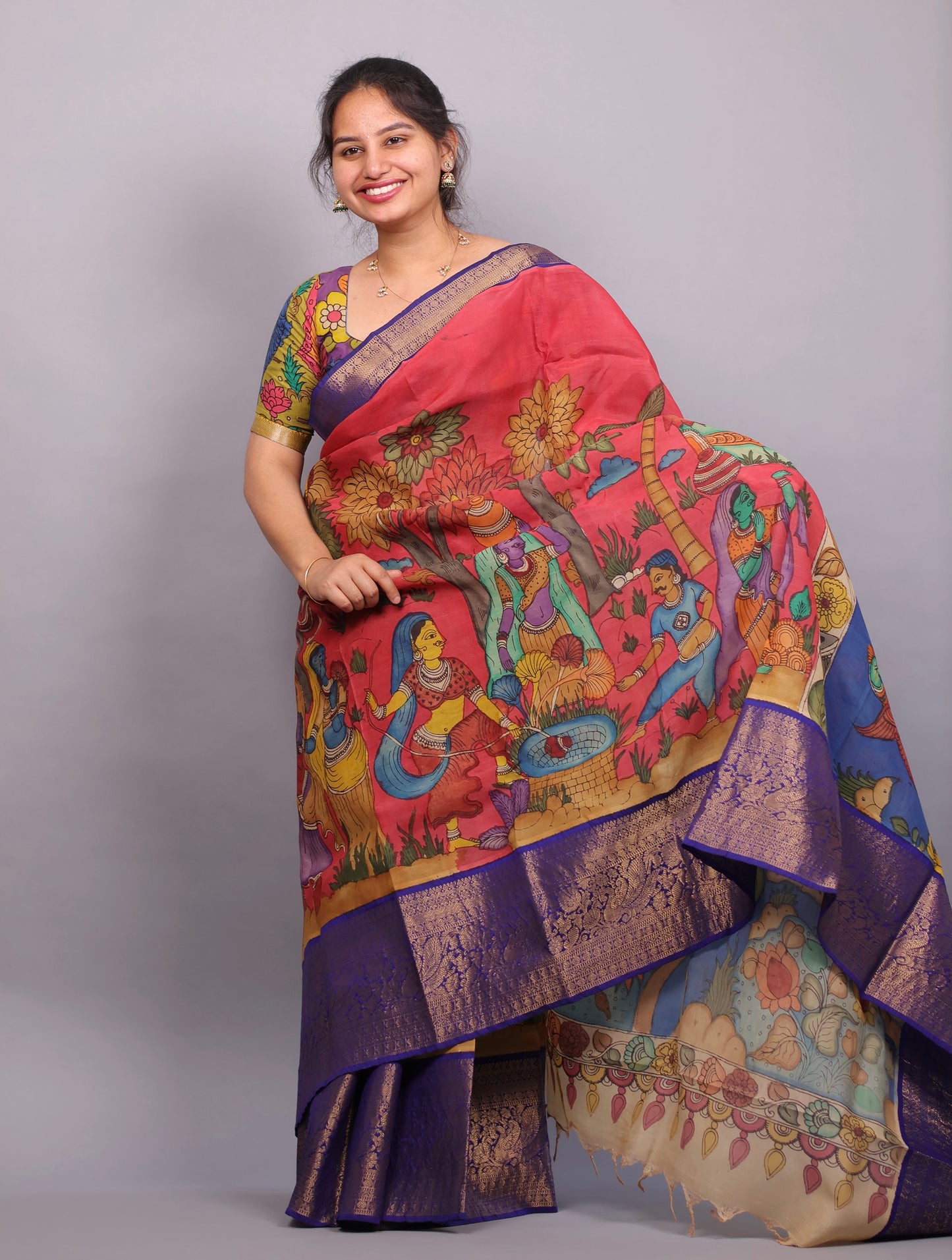 Pink Hand Painted Pen Kalamkari Silk Saree