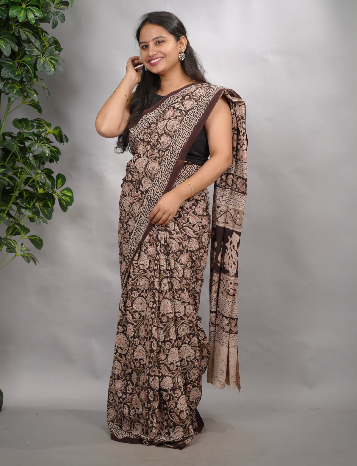 Dark Maroon Hand Block Printed Kalamkari Cotton Saree | Looms & Tassels