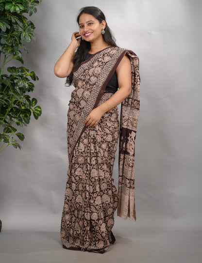 Dark Maroon Hand Block Printed Kalamkari Cotton Saree | Looms & Tassels
