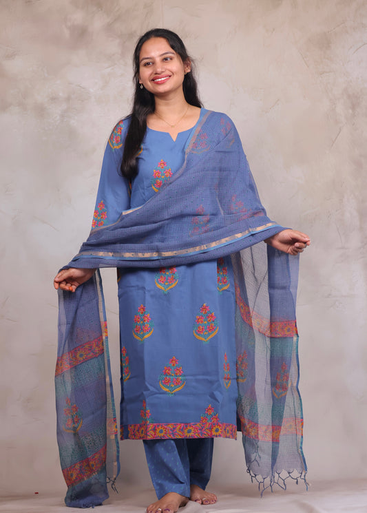 Blue Handblock printed Pure Mul Cotton with Kota Duppata 3 piece suit (stitched)