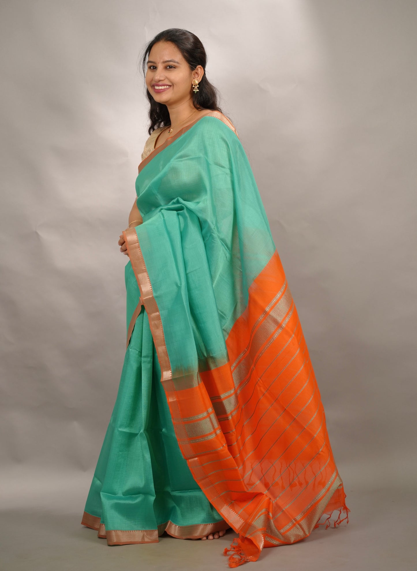 Sea Green & Orange Handloom Mangalagiri Silk Saree| Looms & Tassels