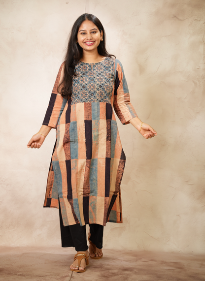 Contemporary Ajrakh Pattern Hand Block printed Kurti | Looms & Tassels