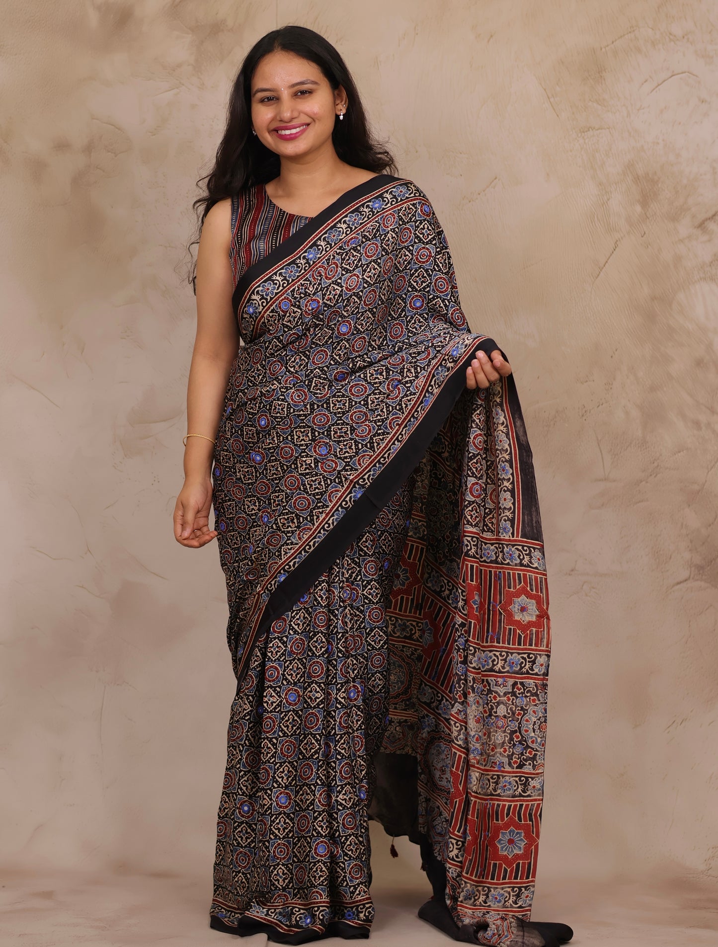 Black Handcrafted Ajrakh Modal Silk Saree with Authentic Banjara Mirror Work | Looms & Tassels