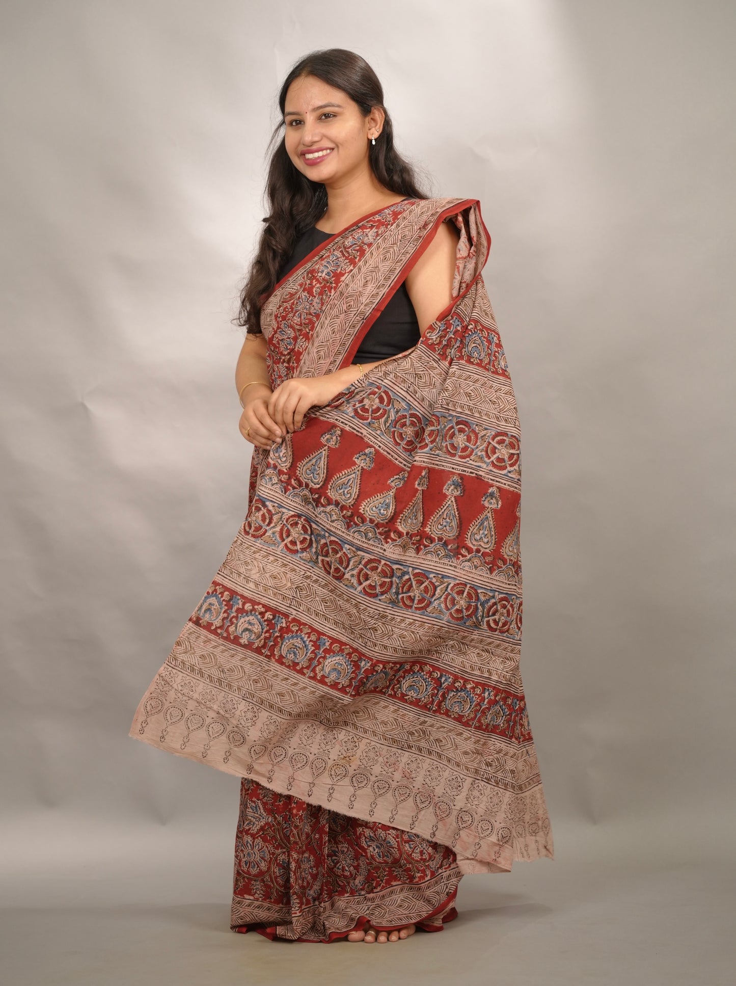Red Hand Block Printed Kalamkari Cotton Saree | Looms & Tassels