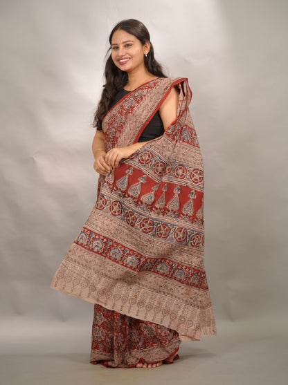 Red Hand Block Printed Kalamkari Cotton Saree | Looms & Tassels