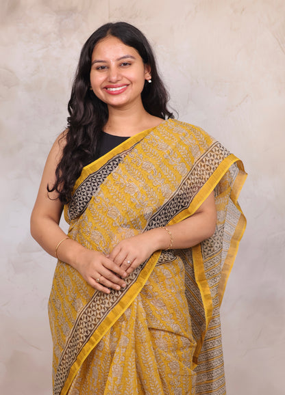 Yellow Pure Kota Doria Saree with Bagru Handblock Prints | Looms & Tassels