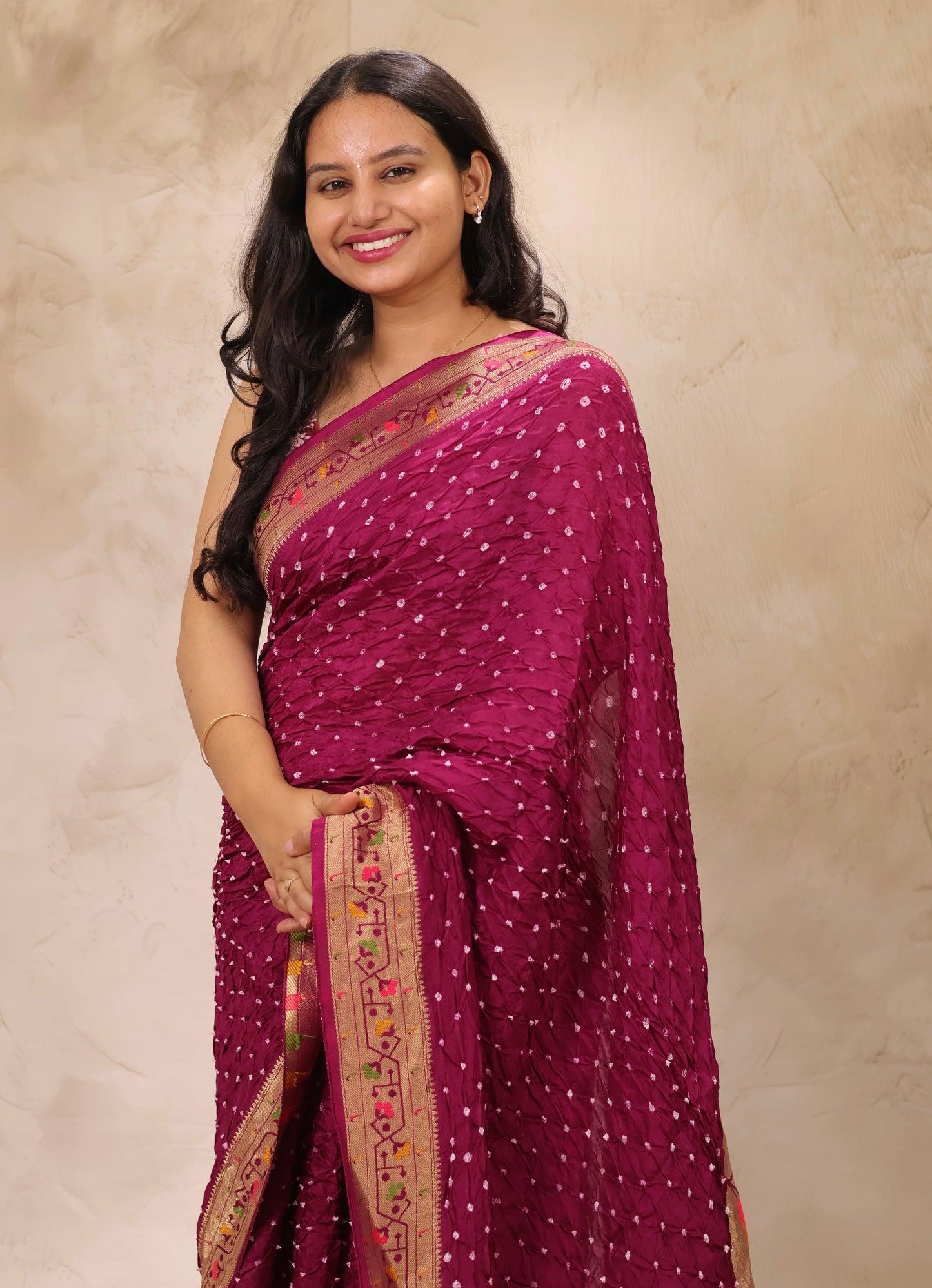 Magenta Handcrafted Bandhani Paithani Dola Silk Saree | Looms & Tassels