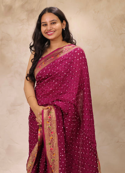 Magenta Handcrafted Bandhani Paithani Dola Silk Saree | Looms & Tassels