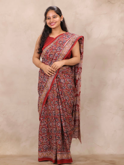 Red Hand Block Printed Kalamkari Cotton Saree | Looms & Tassels