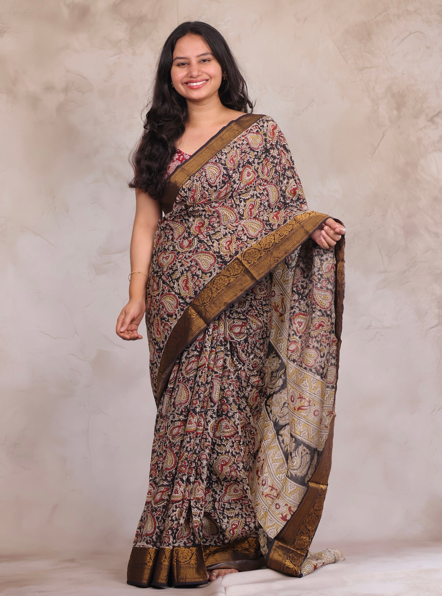 Black Hand Block Printed Kalamkari Kanchi Border Silk Saree
