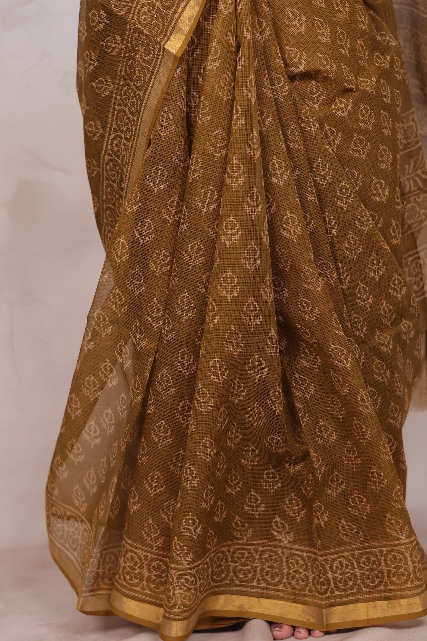 Mustard Pure Kota Doria Saree with Bagru Handblock Prints | Looms & Tassels