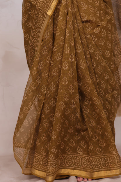 Mustard Pure Kota Doria Saree with Bagru Handblock Prints | Looms & Tassels