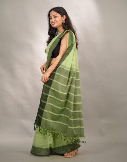 Pista Green Handloom Venkatagiri Cotton Saree Without Blouse | Looms & Tassels