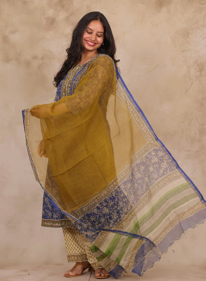Blue Handblock printed kota 3 piece suit (stitched)