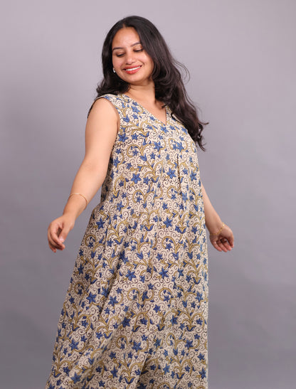 Cream Ajrakh Handblock Printed A-Line Cotton Kurti – Elegant & Comfortable Ethnic Wear | Looms & Tassels