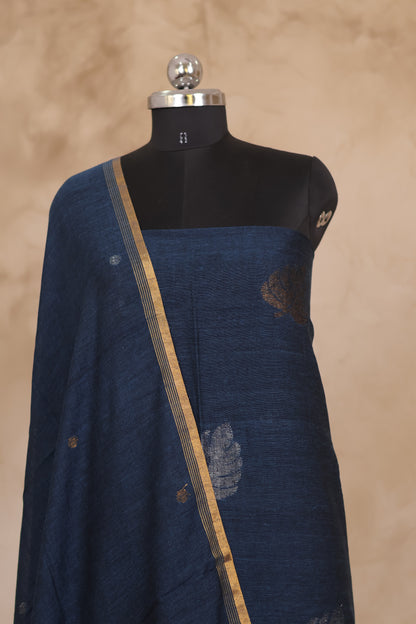 Blue Handwoven Jamdhani weaving pure Linen 2 piece suit sets | Looms & Tassels