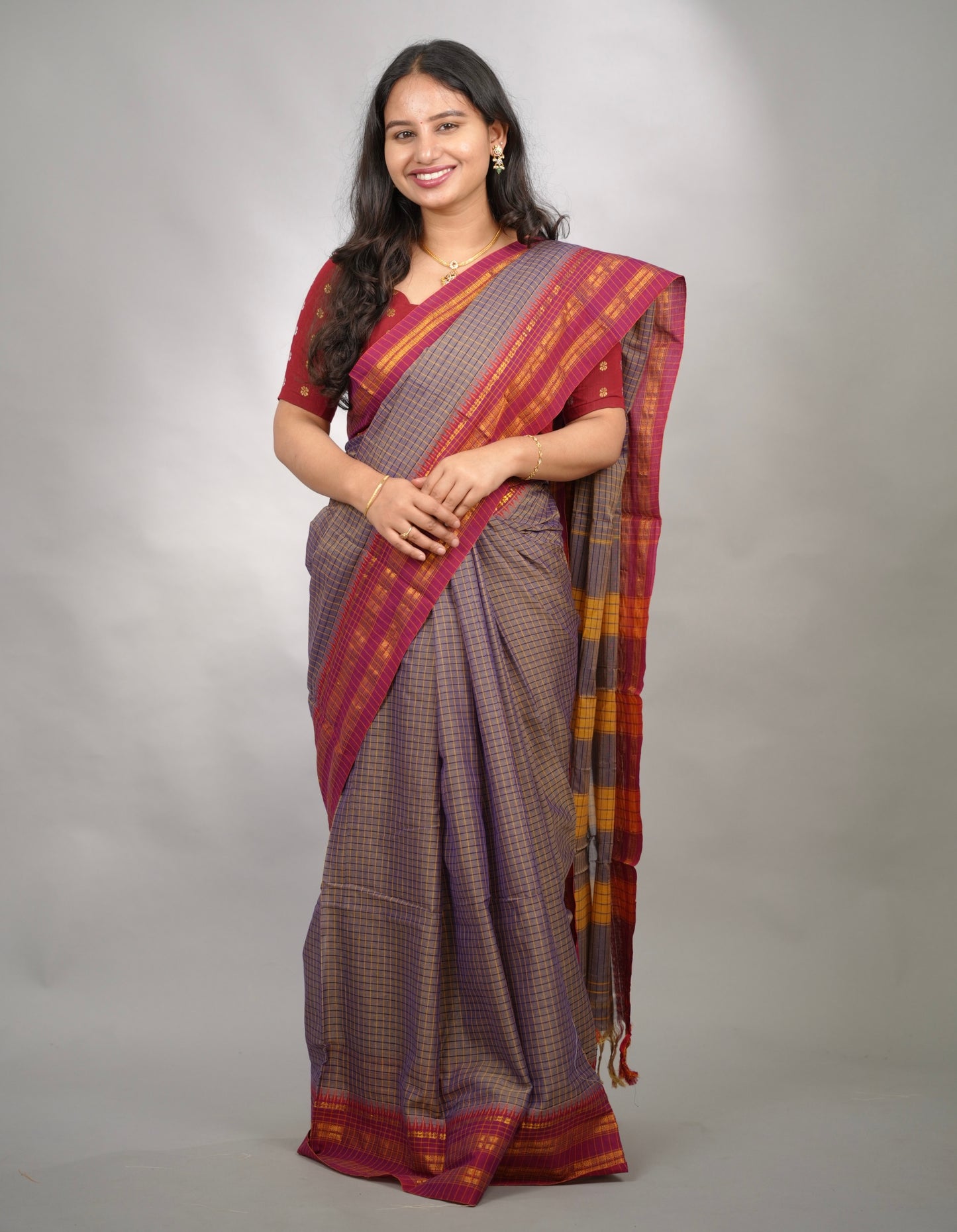 Lavender Dual Tone Checks Narayanpet Cotton Saree with Traditional contrast Border | Looms & Tassels