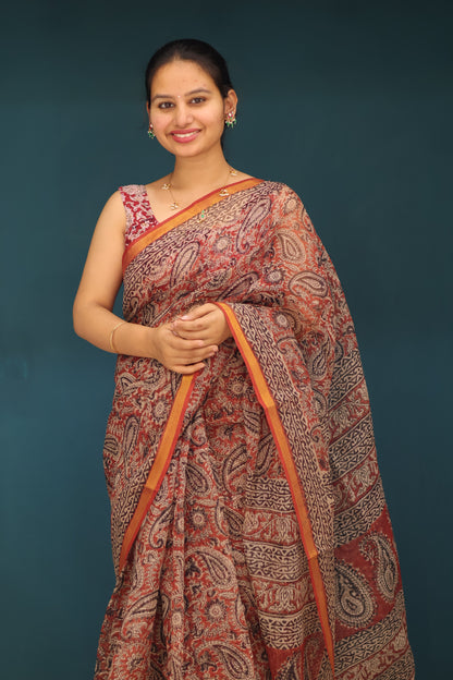 Kalamkari Hand block printed Kota Doria Saree