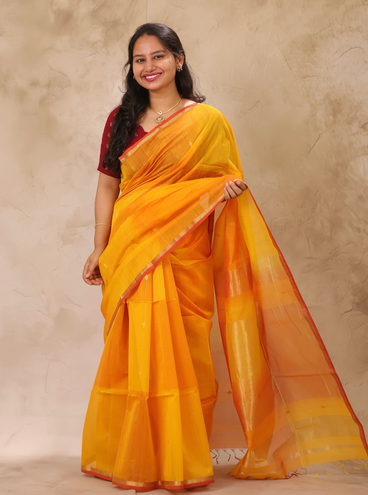 Yellow Dual Tone Handloom Maheswari Silk Cotton Sarees | Looms & Tassels
